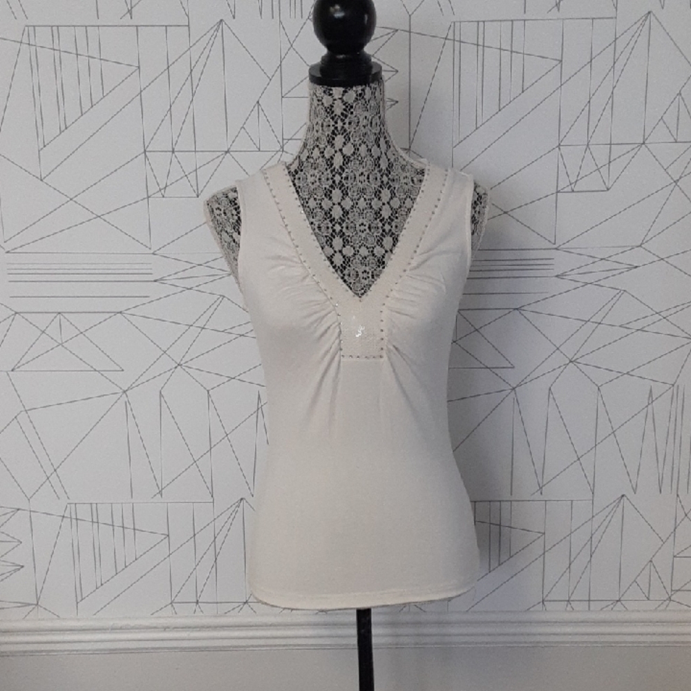 Cache White Sleeveless Ruched Tank Top